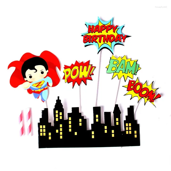 Attrezzi per torte 6 pezzi Cartoon Super Hero Happy Birthday Topper Set Boom Pow Cupcake di carta per decorazioni per feste per bambini