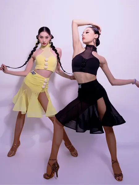 Palco desgaste padrão nacional traje de dança latina high-end roupas adultas mulheres terno de treinamento alto pescoço curto top