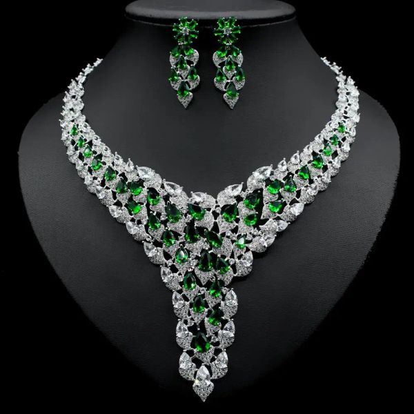 Charme 2020 branco ouro cor verde cz pedra colar de casamento brincos conjuntos de jóias acessórios de vestido de noiva