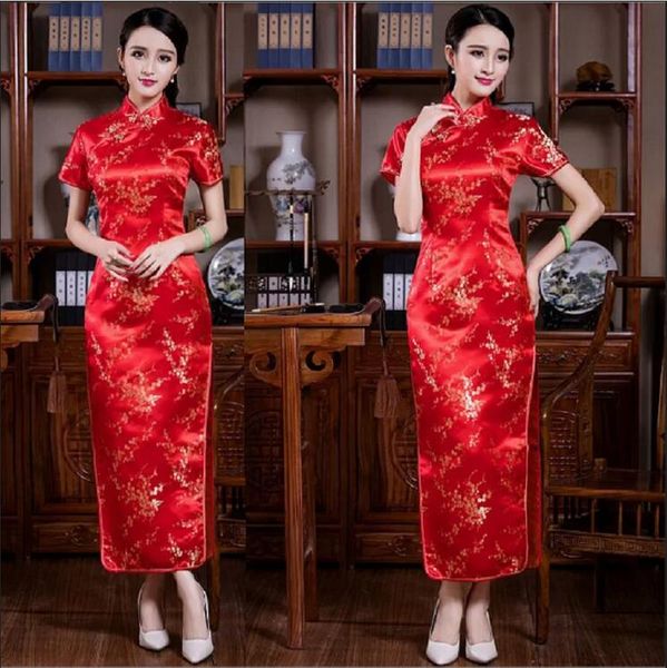 Heißer Verkauf Frauen Neue Chinesische Stil Hohe Qualität Seide Satin Lange Cheongsam Klassische Sexy Qipao Stickerei Hochzeit Party Kleid