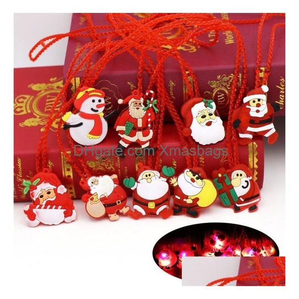 Decorações de Natal acendem piscando colar crianças brilho dos desenhos animados Santa Claus Pendent Party LED Brinquedos Suprimentos Drop Delivery Hom Dh1Vh