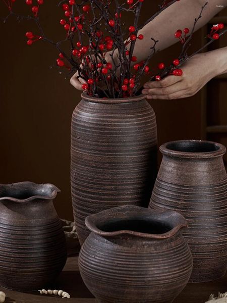 Castiçais Zen Grosso Cerâmica Jar Retro Vaso Estilo Chinês Flor Seca Suculenta Potenciômetro Hidropônico Sala de estar