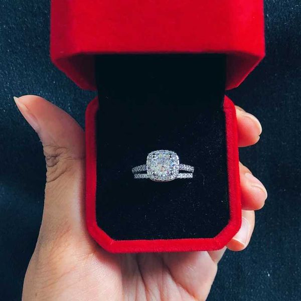 Anéis de banda anéis de noivado de casamento conjunto para mulheres casal quadrado prata cor cristal birde casamento zircão anel deslumbrante tendência jóias r531 240125