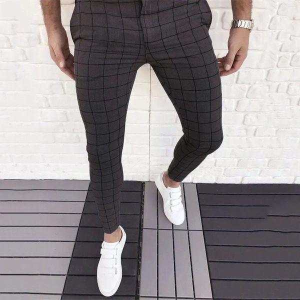 Calças masculinas homens carga pantalones fino ajuste xadrez impressão bolsos zíper botão pés terno lápis calças negócios streetwear masculino