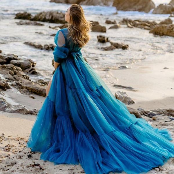 Vestidos casuais elegante praia azul vestido de maternidade a linha longa tule bebê-chuveiro robe vestidos de malha boho mulheres po shoot