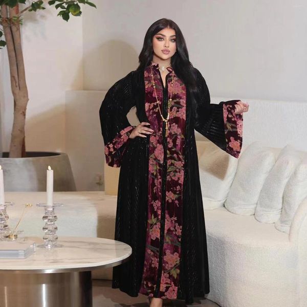 Ethnische Kleidung Dubai Arab Velvet Herbst Winter Druck Abaya Kontrastfarbe Mode Partykleider Eid Soft Casual Muslim Saudi Robe