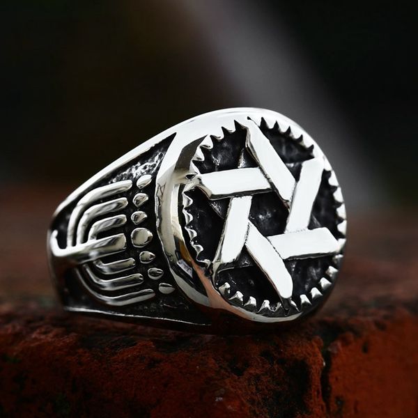 Paslanmaz çelik retro gümüş mason David Ring Gotik Punk Takı Ücretsiz Duvar Ürünleri Hexagram Yıldız Erkekler Yahudi Din Yüzük Yüksek Cilalı