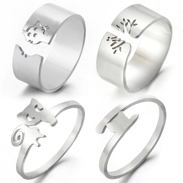 Anelli aperti di gatto sveglio dell'oro bianco coreano di modo 14K per le donne Ragazza Argento Colore Anelli di dito regolabili Regalo di gioielli di compleanno