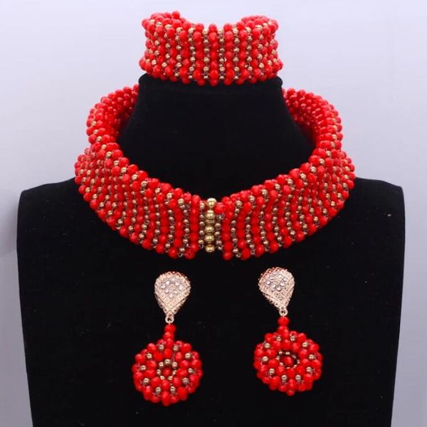 Dudo Dudo Trendy Braut Halskette Set Halsband Nigerian Afrikanischen Perlen Hochzeit Schmuck Set Für Frauen Rot Gold Kostenloser Versand