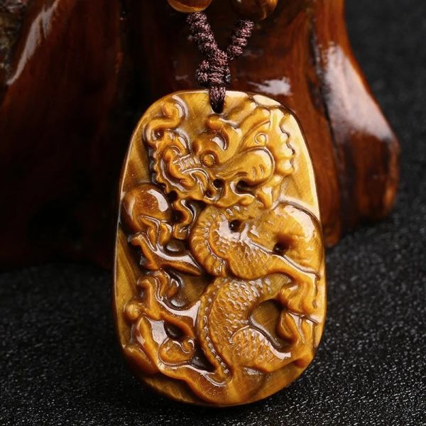 Anhänger Natürliche gelbe chinesische Jade Tigerauge Stein Drachen Anhänger Halskette Charme Jadeit Schmuck geschnitzt Amulett Geschenke für Frauen Männer