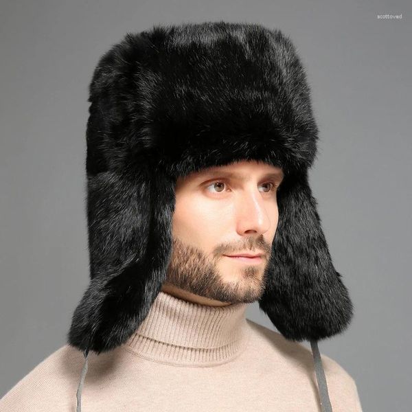 Berets Faux Fur Winter Bomber Chapéus para Homens À Prova de Vento Proteção de Orelha Bonnet Quente Engrossar Chapéu de Esqui Pelúcia Earflap Russo Ushanka Snow Cap