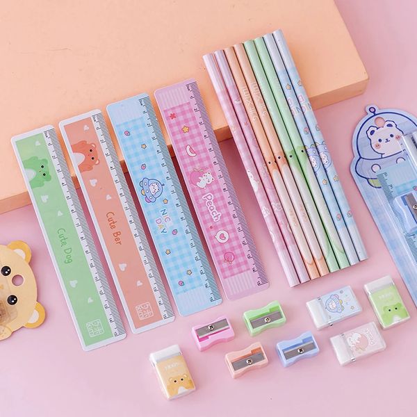 16 juegos de lápices lindos de oso con borrador, regla, sacapuntas, herramienta de escritura, papelería Kawaii, lápiz para estudiantes, accesorios para escuela y oficina 240122