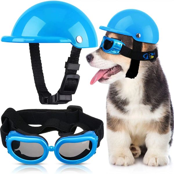 Abbigliamento Casco per cuccioli Occhiali Protezione UV Occhiali da sole per cani Occhiali per cani da compagnia Cappello rigido di sicurezza per moto con cintura regolabile antivento