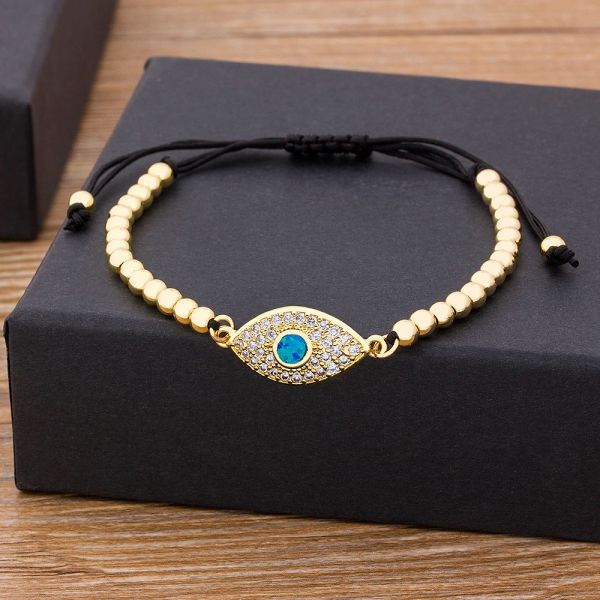 Hamsa Hand Evil Eye 14k Gelbgold CZ Perlen Verstellbares Armband Glückliches türkisches geflochtenes Seilarmband 5 Stile für Frauen Männer Partyschmuck