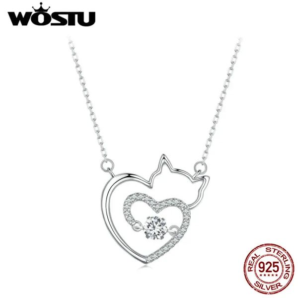 Ожерелье WOSTU, ожерелье-цепочка с милым кошачьим сердечком для женщин, стерлинговое серебро 925 пробы, блестящий циркон, звенья Kitty, ювелирные изделия для девочек, подарок на день рождения