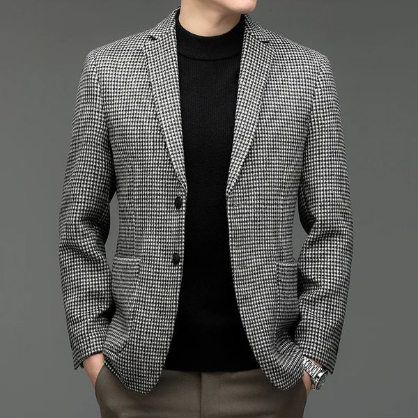 Мужской пиджак в английском стиле в клетку из овечьей шерсти, теплый мягкий кашемировый смешанный пиджак, мужской элегантный костюм с узором «гусиные лапки», 2023 240125