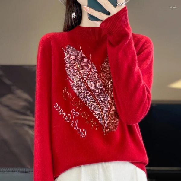 Suéteres femininos 2024 outono/inverno suéter de lã pura chinês vermelho diamante cor sólida pulôver caxemira solta manga comprida