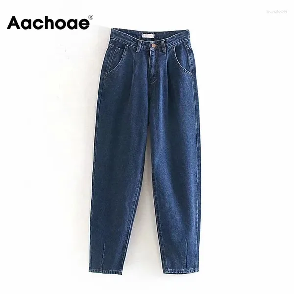 Jeans da donna Aachoae Donna Streetwear Pieghettato Mamma Vita alta Tasche larghe e larghe Pantaloni da fidanzato Pantaloni casual in denim da donna