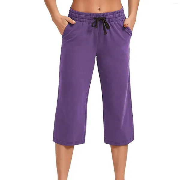 Damenhose, einfarbig, für Damen, Yoga, Tanz, abgeschnitten, lässig, für den Innenbereich, Sport, gerade Tasche, weites Bein, Fitness-Pyjama