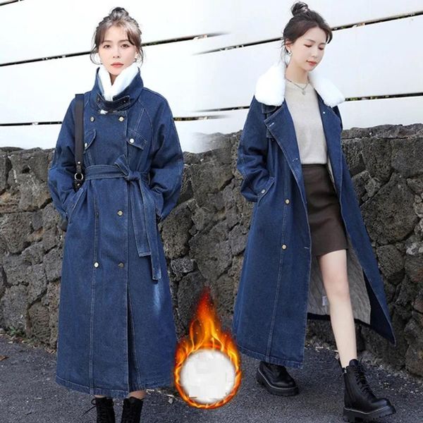 Casacos de Trench das Mulheres Outono Inverno Mulheres Casual Gola Grosso Quente Único Botão Sashes Slim MD-Long Jeans para Mulheres Denim Outerwear