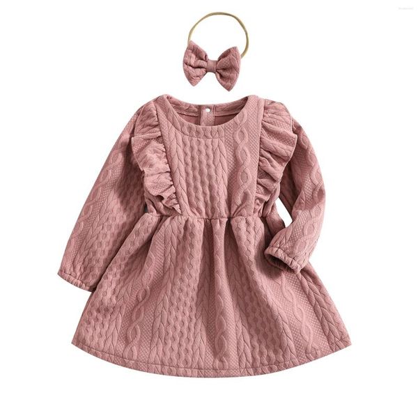 Комплекты одежды Lioraitiin, комплект из 2 предметов для маленьких девочек 0-4 лет, осенняя одежда, платье с длинными рукавами и круглым вырезом, с рюшами, комплект с повязкой на голову с бантом