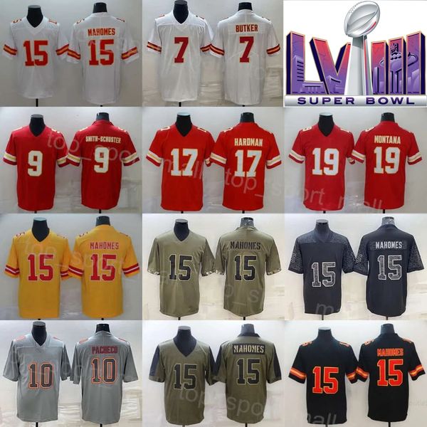 Uomini Super Bowls Football 19 Kadarius Toney Jersey 7 Harrison Butker 15 Patrick Mahomes 10 Isiah Pacheco 25 Clyde Edwards-Helaire Nero Rosso Bianco Gira indietro l'orologio