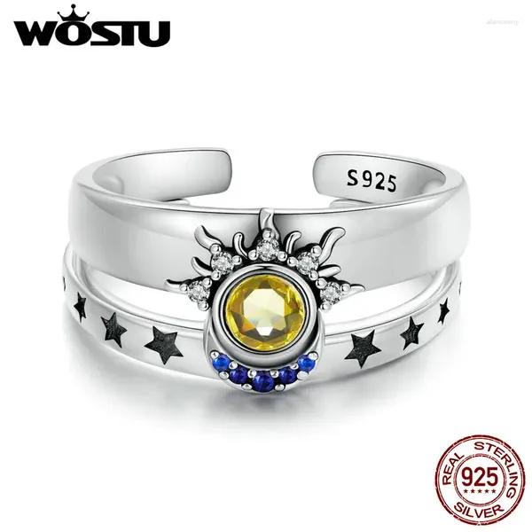 Anelli a grappolo WOSTU 925 Sterling Silver Sun Moon Stars Coppia Anello aperto Romanticismo Amore per le donne Gioielli Anniversario Compleanno Festa Regalo