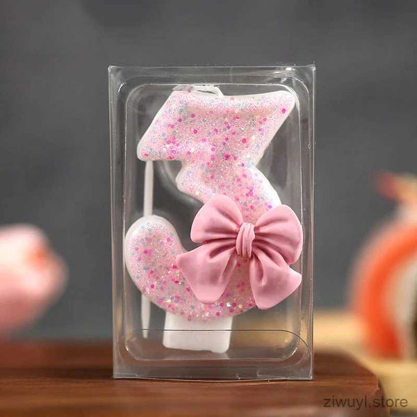 2 Stück Kerzen, 3D-Zahlen, Kuchendekorationskerzen, glitzernde rosa Schleife, digitale Kerzen, Kuchendekoration, Geburtstagsfeier, Gedenktag, Party, Kuchendekoration