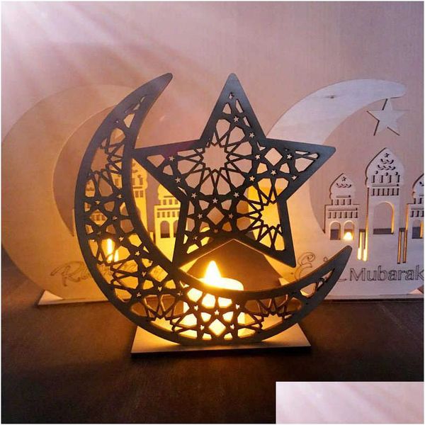 Outras fontes de festa festiva Eid Mubarak Pingente de madeira Ramadan Decoração LED velas luz lua estrela artesanato decoração para casa al ad dh1aq