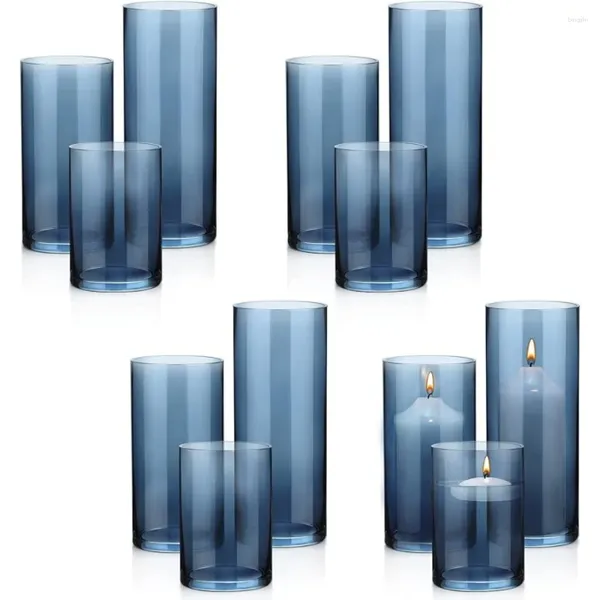 Vasos 8 vaso conjunto de 12 cilindros de vidro azul 6 decorações de casa 10 em altura multi uso castiçais frete livre decoração do quarto