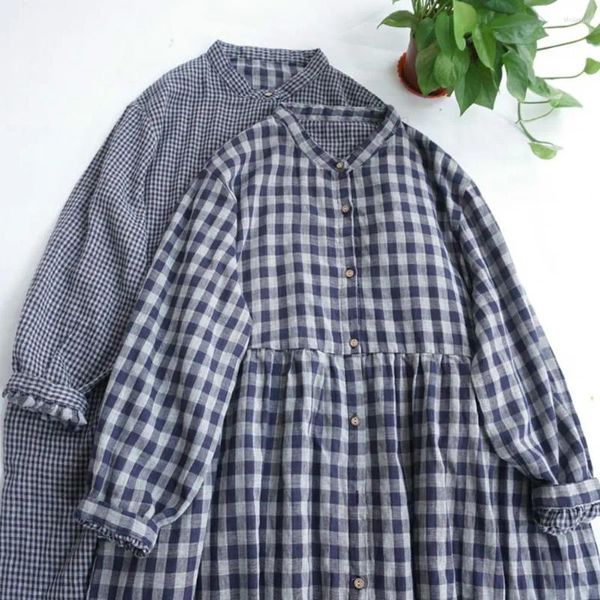 Lässige Kleider Damen Frühlingskleid Plaid Print V-Ausschnitt A-Linie Midi mit doppellagigem Saum Raffmanschette für Herbst Langarm