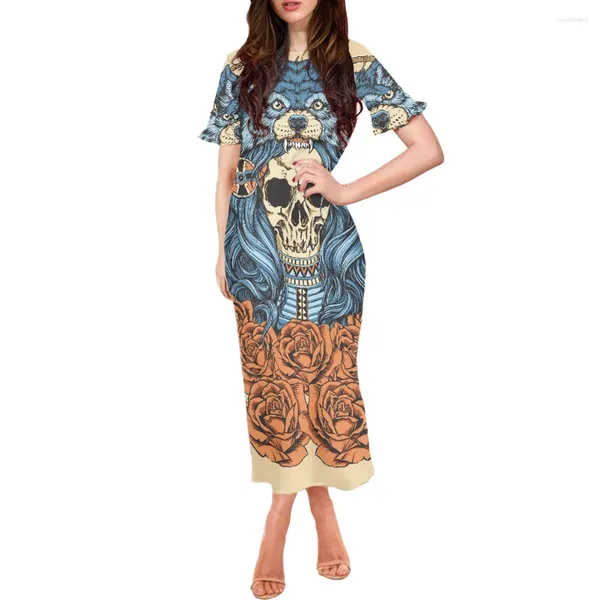 Partykleider 2024 Frauen Floral Hawaiian Tribal Print Kurzarm Plus Größe Langes Kleid Fabrikpreis Halloween Schädel Rose