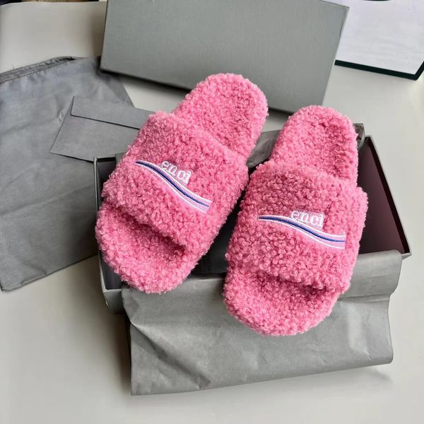 Tazz Slippers Lüks Tasarımcı Slaytlar Moda Kabarık Sandale Oyuncak Ayı Kış Sıcak Kadınlar Bulanık Sliper Siyah Beyaz Sandal Sıradan Ayakkabı Evi Düz Dış Mekan Slayt Kutusu