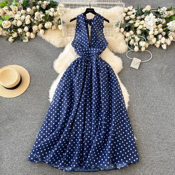 Sıradan Elbiseler Fransız Vintage Halter Kapalı Omuz Kolsuz Dot Kıvaları Elbise A-line Kadınlar Moda Sonbahar Bahar Vestidos Balo Gown