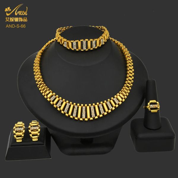 Stränge Neue brasilianische goldene Schmucksets Dubai Ohrringe Halskette Sets für Frauen Ringe Afrikanische Hochzeitsarmband Geschenk Schmuck Schmuck