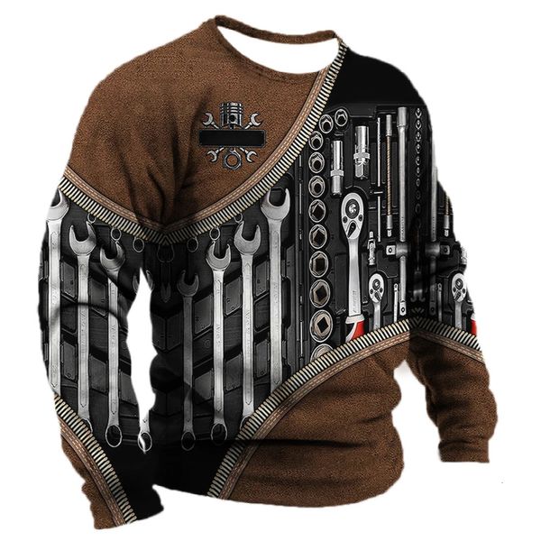 Maglietta da uomo vintage meccanico Strumenti meccanici stampata T-shirt a maniche lunghe in cotone Pullover uomo girocollo streetwear top oversize 240118