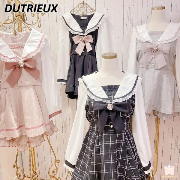 Vestidos de trabalho estilo japonês vestido feminino roupas gola de marinheiro xadrez strass arco shorts conjunto doce lolita mina série terno