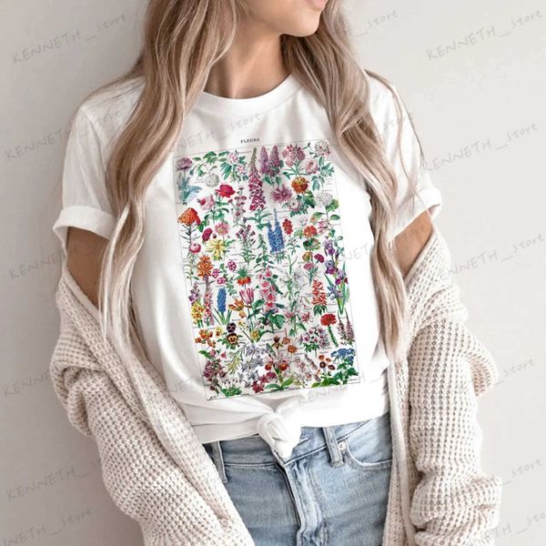 Kadınlar T-Shirt Vintage Çiçek İllüstrasyon T-Shirt Boho Stil Gündelik Çiçek Baskı Üst Sevimli Estetik Grafik Kadın Tshirts Cottagecore Giysileri T240129