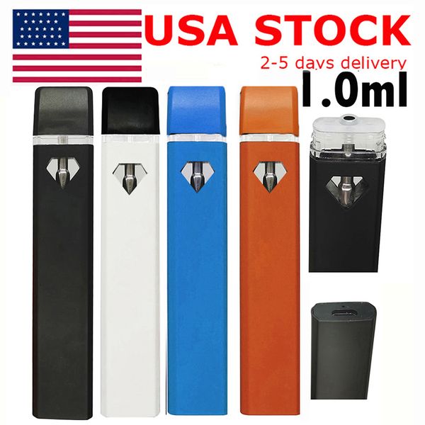 USA-Lager 1 ml leerer Vape-Stift Einweg-E-Zigarettenwagen Snap-in-Tip-Keramikspule Schwarzer Verdampfer Dickes Öl Wiederaufladbare 280-mAh-Batterie Diamantfensterstifte OEM-Logo