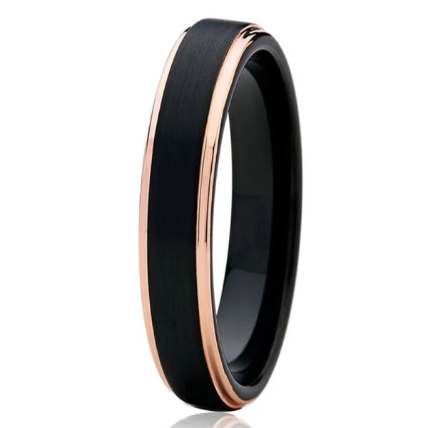 Espetos personalizam o anel de noivado de 4 mm preto com anéis de tungstênio de ouro rosa para homens jóias por atacado para mulheres