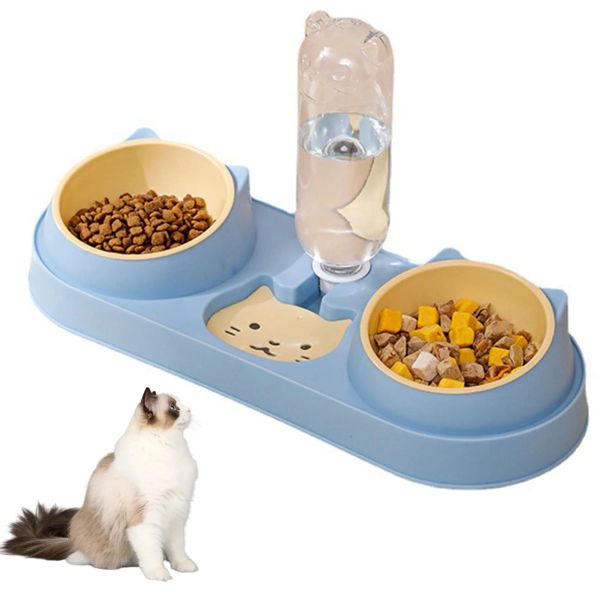 Alimentadores Tigelas duplas para cães e gatos com dispensador de água Pratos de comida de gato inclinados para animais de estimação internos Duráveis Tigela de comida molhada e seca Conjunto de tigela