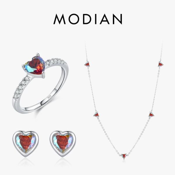 Sets Modian 925 Sterling Silver Regenbogen Farbe Herzen Schmuck Sets klassische Ringe Ohrringe Halskette für Frauen Hochzeitsgeschenke