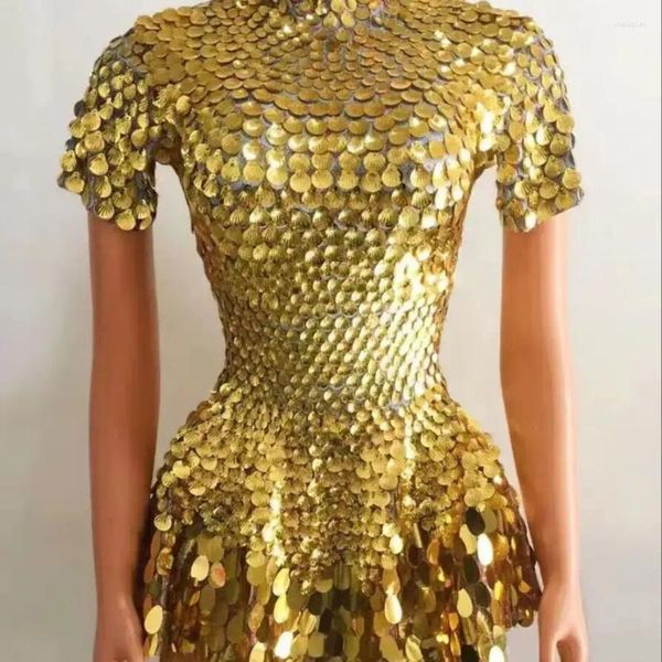 Bühnenkleidung Gold Kurze Cocktailapplikationen Abendkleider Pailletten Strass Latin Dance Kleid Frauen Wettbewerb Kostüm Feiern Outfit