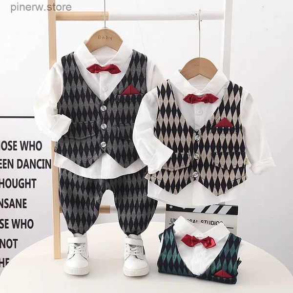 Kleidungssets 0-5 Jahre alt Frühling und Herbst Kinder Plaid Langarm Gentleman Anzug Jungen Fliege Hemd Weste dreiteiliges Bankettkleid