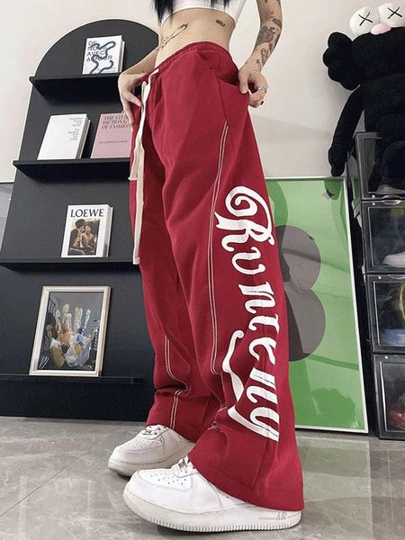 Calças femininas zoki streetwear cintura alta carta impressão sweatpants moda coreana solta bf calças casuais harajuku retro perna larga