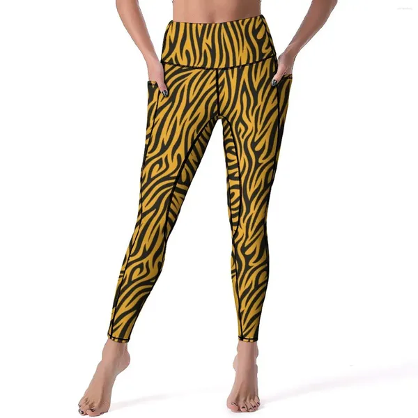 Calças ativas tigre impressão design leggings bolsos listras de ouro personalizado yoga cintura alta trabalhar legging bonito elástico esporte