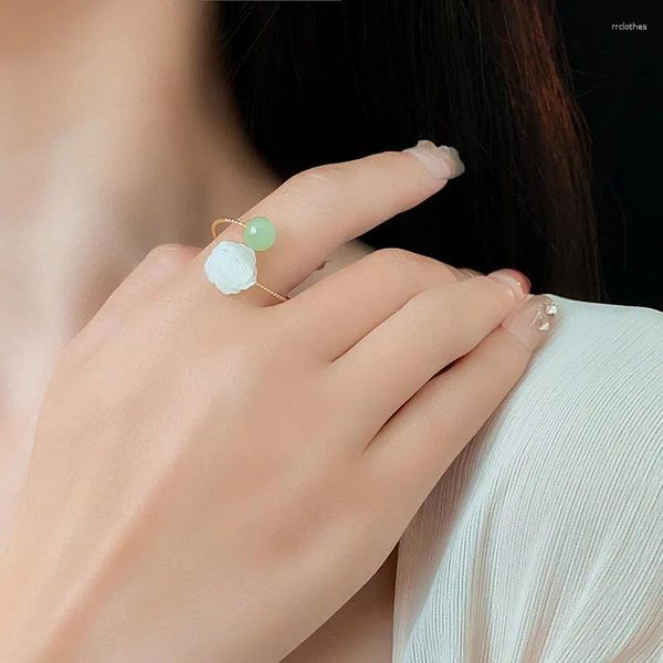 Cluster Ringe Jade Rose Blume Chinesischen Stil Temperament Einfache Elegante Retro Offenen Ring Schmuck Geschenk Verlobung Für Frauen