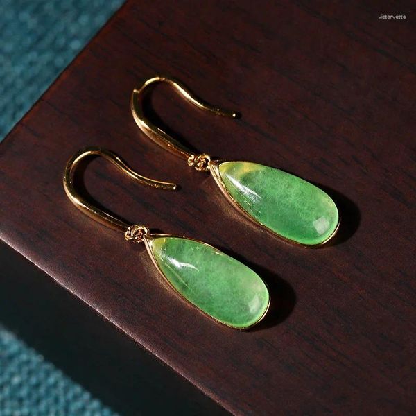 Baumelnde Ohrringe Jade Wassertropfen Vintage geschnitzt natürlich grün Frauen Stein Mode Charme 925 Silber chinesisches Amulett Geschenk Luxusschmuck