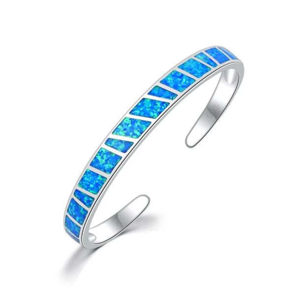 Armreifen Ekopdee Offene Armreifen mit blauem Feueropalstein, versilbert, verstellbar, minimalistische Armbänder, Schmuck, beste Geschenke für Mädchen und Frauen