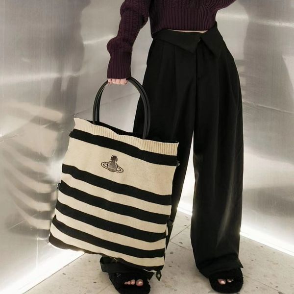 Женские дизайнерские вязаные сумки с узором Сатурн, винтажная шерстяная вязаная полосатая сумка-тоут, большая вместительная пригородная сумка на плечо